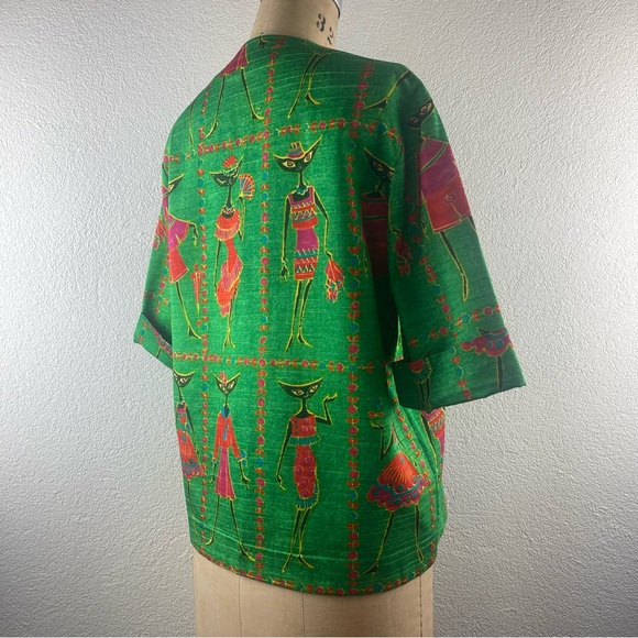 Vintage l 60s M Novelty Tribal Fashionista Kitty Black Cat Cuff Sleeve Blouse - Picture 7 of 16